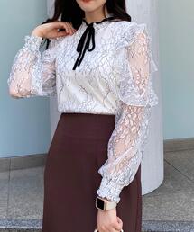 肩フリルリボン付レーストップス