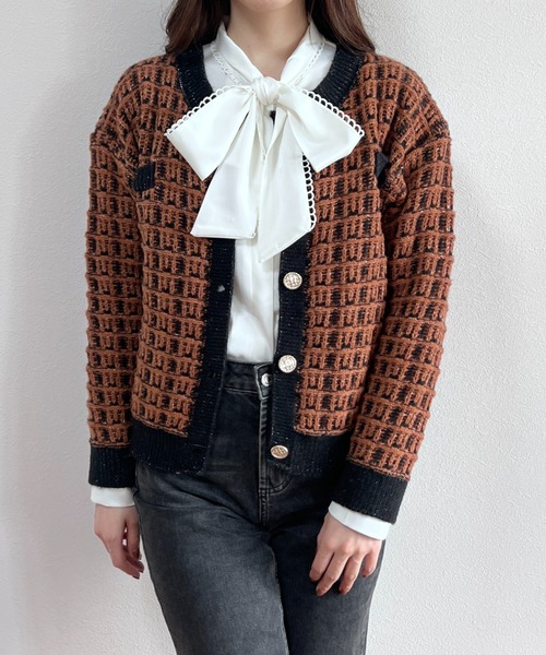 yuue' ( wear )(ユーイ)の「ツイードライクニットカーディガン(カーディガン/ボレロ・レディース・ベージュ/ブラウン・S/M/L)」の1枚目の写真