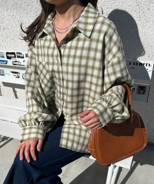 nemne store(ネンネストア)の「【低身長用サイズあり】袖ボリュームオーバーチェックシャツ(シャツ/ブラウス・レディース・オレンジ/グリーン・SMALL/MEDIUM)」の1枚目の写真