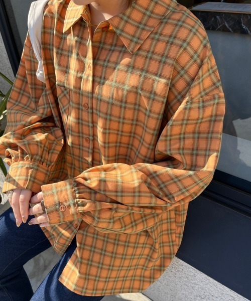 nemne store(ネンネストア)の「【低身長用サイズあり】袖ボリュームオーバーチェックシャツ(シャツ/ブラウス・レディース・オレンジ/グリーン・SMALL/MEDIUM)」の12枚目の写真