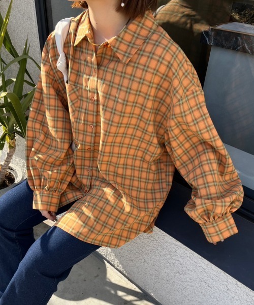 nemne store(ネンネストア)の「【低身長用サイズあり】袖ボリュームオーバーチェックシャツ(シャツ/ブラウス・レディース・オレンジ/グリーン・SMALL/MEDIUM)」の15枚目の写真