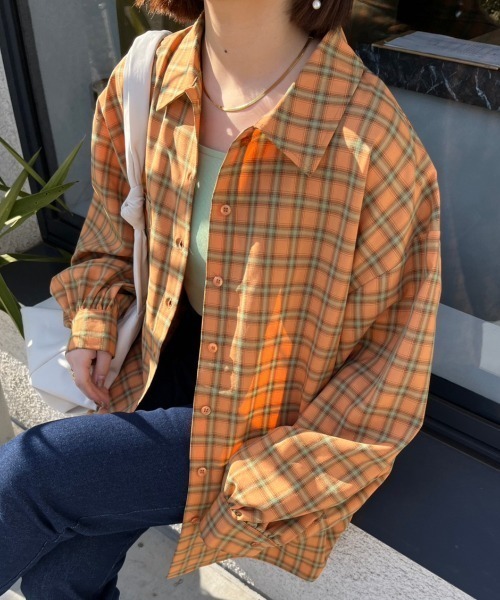 nemne store(ネンネストア)の「【低身長用サイズあり】袖ボリュームオーバーチェックシャツ(シャツ/ブラウス・レディース・オレンジ/グリーン・SMALL/MEDIUM)」の16枚目の写真