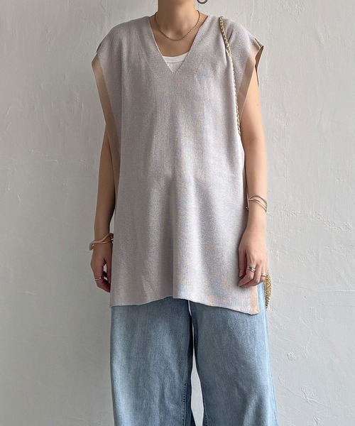 LBC（エルビーシー）の「畦配色ロングニットベスト（ニット/セーター・レディース・ベージュ/ライトグレー/ブラック・M）」の3枚目の写真