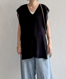畦配色ロングニットベスト