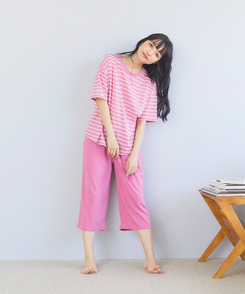 CROSSPLUS ONLINE（クロスプラスオンライン）の「【LAFUKU】半袖スウェットルームウェア　上下セット（ラフク）（ルームウェア/パジャマ・レディース・ネイビー/オレンジ/ピンク/サックスブルー/ライトグリーン/チャコールグレー・L/M/LL）」の5枚目の写真