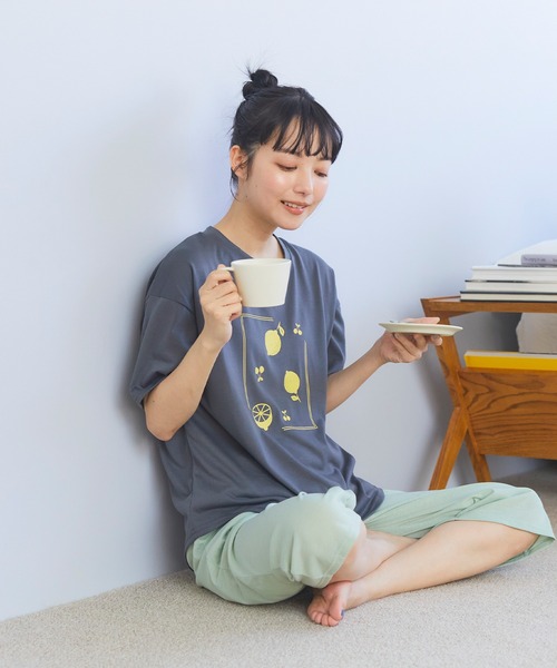 CROSSPLUS ONLINE（クロスプラスオンライン）の「【LAFUKU】半袖スウェットルームウェア　上下セット（ラフク）（ルームウェア/パジャマ・レディース・ネイビー/オレンジ/ピンク/サックスブルー/ライトグリーン/チャコールグレー・L/M/LL）」の7枚目の写真