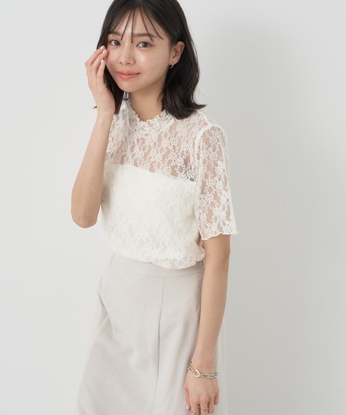 earth music&ecology(アースミュージックアンドエコロジー)の「レースドッキング半袖プルオーバー(Tシャツ/カットソー・レディース・ブラック/アイボリー/ミント・S/M)」の2枚目の写真