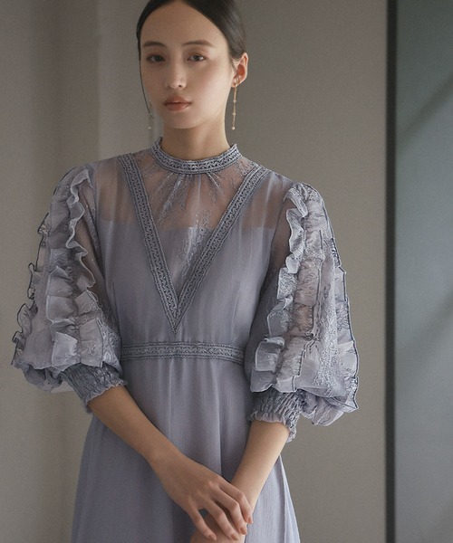 セール】袖フリルレース切替え フレア ロング 結婚式 ワンピース