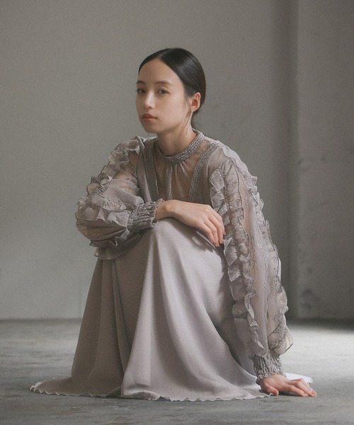 girl(ガール)の「袖フリルレース切替え フレア ロング 結婚式 ワンピース パーティードレス オケージョンドレス お呼ばれ 二次会 成人式 同窓会 謝恩会(ドレス・レディース・グレイッシュベージュ/グリーン/ブルーグレー・2L/S/M/L)」の14枚目の写真