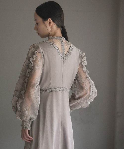 セール】袖フリルレース切替え フレア ロング 結婚式 ワンピース