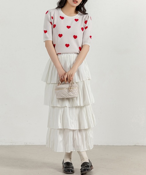 DAY CLOSET（デイ クローゼット）の「【通気性有】主役級にコーデ華やぐ。ボリューム プリーツ ティアード フリル スカート レディース（スカート・レディース・ホワイト/ブラック・ONE SIZE）」の3枚目の写真