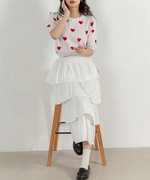 DAY CLOSET（デイ クローゼット）の「【通気性有】主役級にコーデ華やぐ。ボリューム プリーツ ティアード フリル スカート レディース（スカート・レディース・ホワイト/ブラック・ONE SIZE）」の4枚目の写真