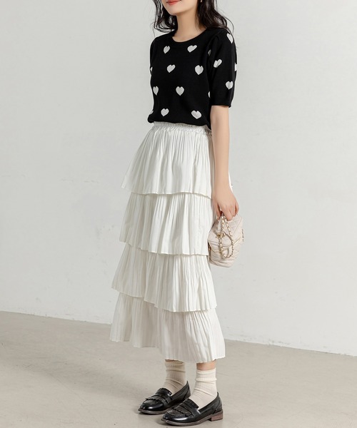 DAY CLOSET（デイ クローゼット）の「【通気性有】主役級にコーデ華やぐ。ボリューム プリーツ ティアード フリル スカート レディース（スカート・レディース・ホワイト/ブラック・ONE SIZE）」の7枚目の写真