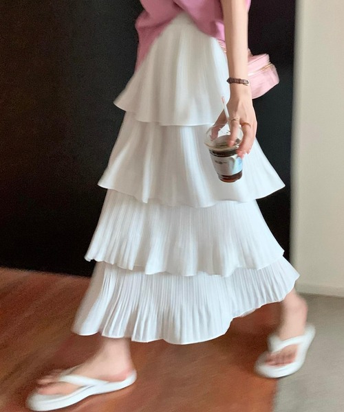 DAY CLOSET（デイ クローゼット）の「【通気性有】主役級にコーデ華やぐ。ボリューム プリーツ ティアード フリル スカート レディース（スカート・レディース・ホワイト/ブラック・ONE SIZE）」の15枚目の写真