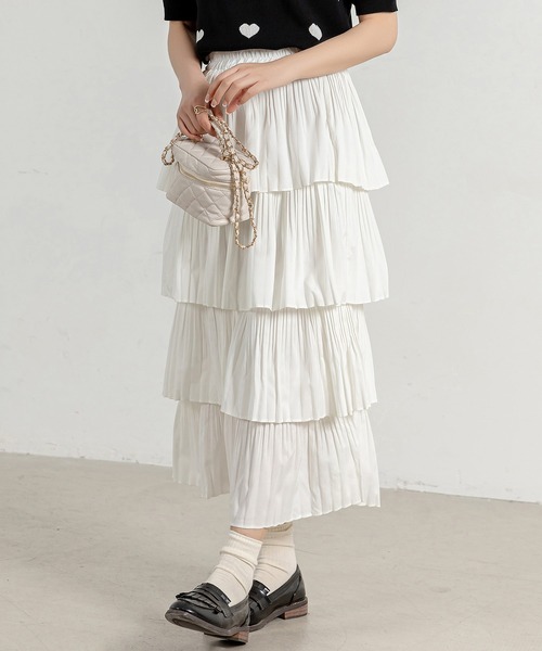 DAY CLOSET（デイ クローゼット）の「【通気性有】主役級にコーデ華やぐ。ボリューム プリーツ ティアード フリル スカート レディース（スカート・レディース・ホワイト/ブラック・ONE SIZE）」の12枚目の写真