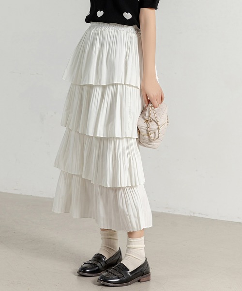 DAY CLOSET（デイ クローゼット）の「【通気性有】主役級にコーデ華やぐ。ボリューム プリーツ ティアード フリル スカート レディース（スカート・レディース・ホワイト/ブラック・ONE SIZE）」の13枚目の写真