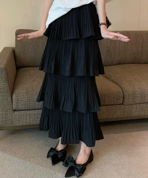 DAY CLOSET（デイ クローゼット）の「【通気性有】主役級にコーデ華やぐ。ボリューム プリーツ ティアード フリル スカート レディース（スカート・レディース・ホワイト/ブラック・ONE SIZE）」の21枚目の写真