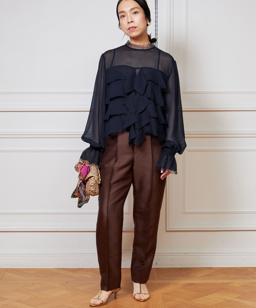 IENA LA BOUCLE】チュールフリルブラウス ネイビー