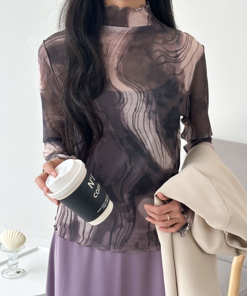 emi+(エミプラス)の「シースルーハイネックマーブル柄シアーインナーカットソー(Tシャツ/カットソー・レディース・グリーン系その他/ブラウン系その他/ブルー系その他/ブラック系その他・L/M)」の8枚目の写真