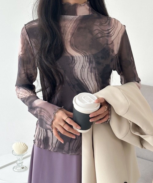 emi+(エミプラス)の「シースルーハイネックマーブル柄シアーインナーカットソー(Tシャツ/カットソー・レディース・グリーン系その他/ブラウン系その他/ブルー系その他/ブラック系その他・L/M)」の9枚目の写真