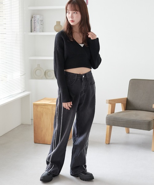 ECRIRE(エクリール)の「ウエストリブ カシュクールショートニット(ニット/セーター・レディース・チャコール/アイボリー/ブラック・M)」の16枚目の写真