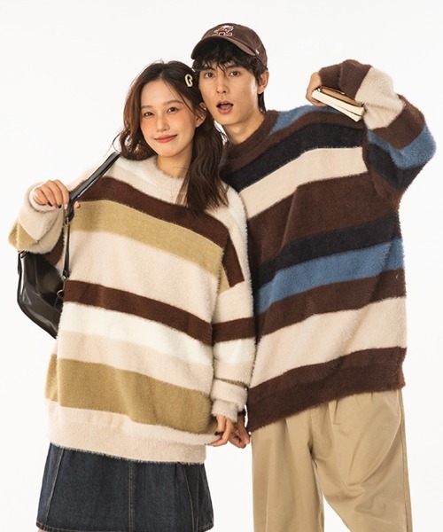 aimoha(アイモハ)の「aimoha outdoor コントラストボーダーファーセーター(ニット/セーター・レディース・チョコ/ベージュ・LARGE/MEDIUM/X-LARGE)」の5枚目の写真