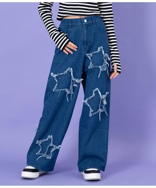 ANAP GiRL(アナップガール)の「星モチーフデニムワイドパンツ(デニムパンツ・キッズ・ライトブルー・XS/S/M)」の1枚目の写真