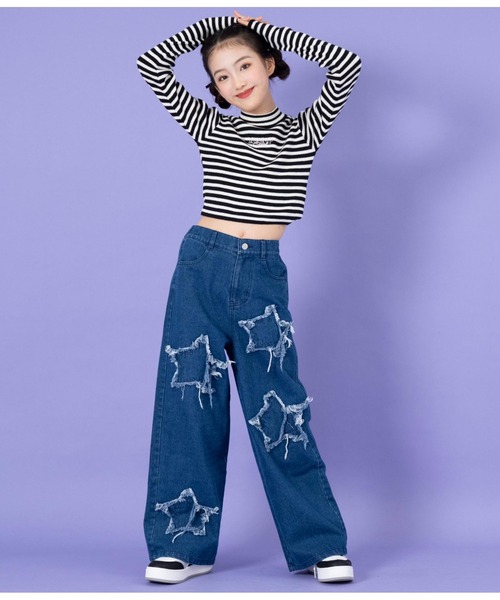 ANAP GiRL(アナップガール)の「星モチーフデニムワイドパンツ(デニムパンツ・キッズ・ライトブルー・XS/S/M)」の2枚目の写真