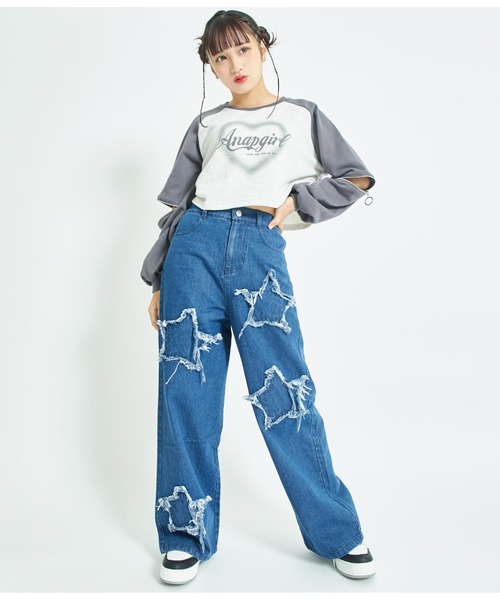 ANAP GiRL(アナップガール)の「星モチーフデニムワイドパンツ(デニムパンツ・キッズ・ライトブルー・XS/S/M)」の10枚目の写真