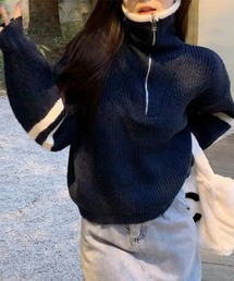 袖ラインハーフジップニットプルオーバー