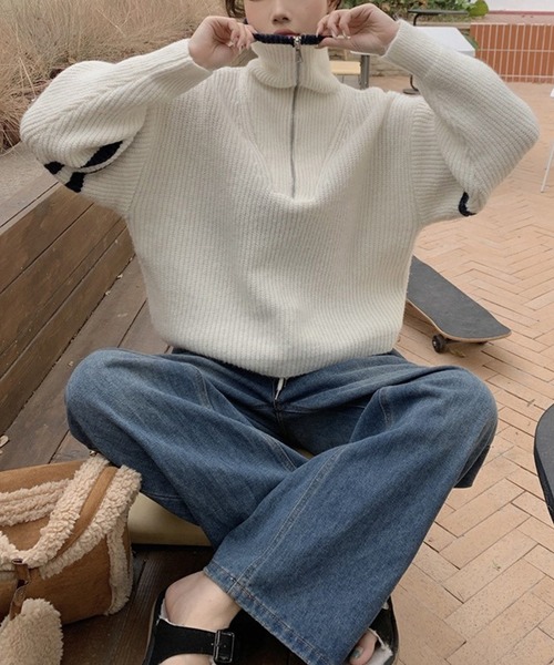LYEON(リヨン)の「袖ラインハーフジップニットプルオーバー(ニット/セーター・レディース・オフホワイト/グレー/ネイビー・FREE)」の6枚目の写真