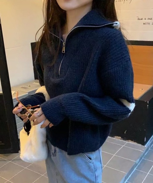 LYEON(リヨン)の「袖ラインハーフジップニットプルオーバー(ニット/セーター・レディース・オフホワイト/グレー/ネイビー・FREE)」の8枚目の写真
