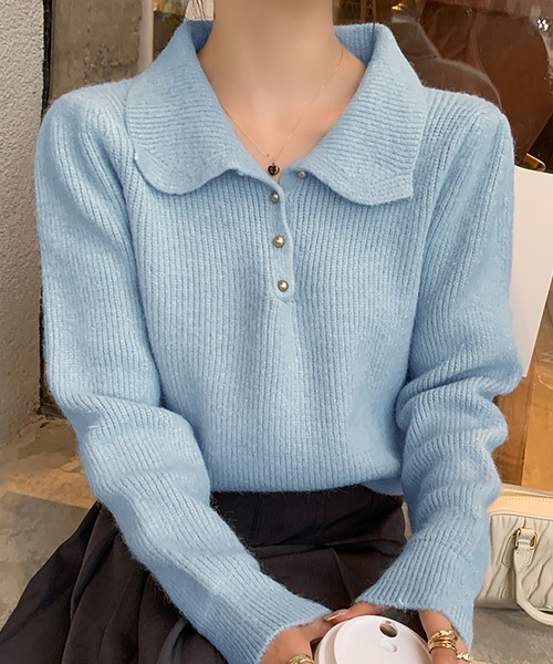 Doula Doula（ドゥーラドゥーラ）の「ポロカラーリブニット（ニット/セーター・レディース・ピンク/ベージュ/レッド/ブルー/アイボリー/ブラック・FREE）」の4枚目の写真