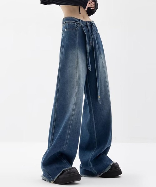 SHEPP（シープ）の「ウエストベルト ブラストワイドフリンジデニム（デニムパンツ・メンズ・ブルー/ブラウン・M/L/XL）」の2枚目の写真
