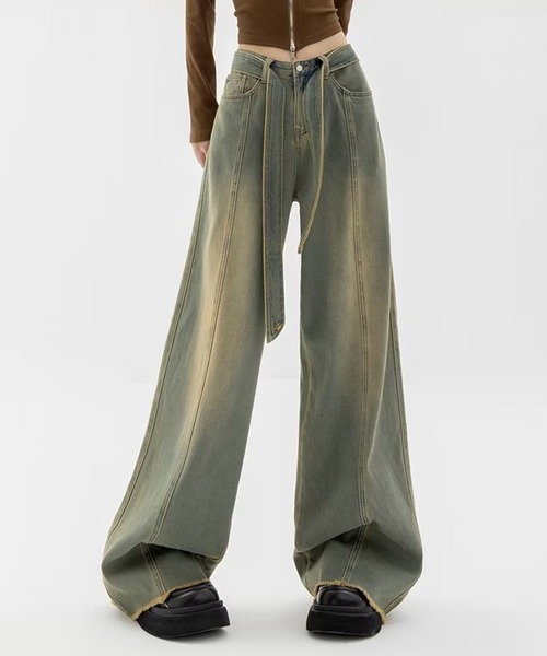 SHEPP（シープ）の「ウエストベルト ブラストワイドフリンジデニム（デニムパンツ・メンズ・ブルー/ブラウン・M/L/XL）」の4枚目の写真