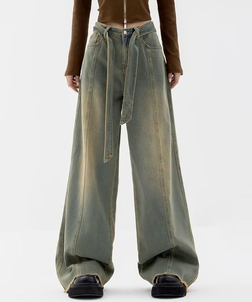 SHEPP（シープ）の「ウエストベルト ブラストワイドフリンジデニム（デニムパンツ・メンズ・ブルー/ブラウン・M/L/XL）」の5枚目の写真
