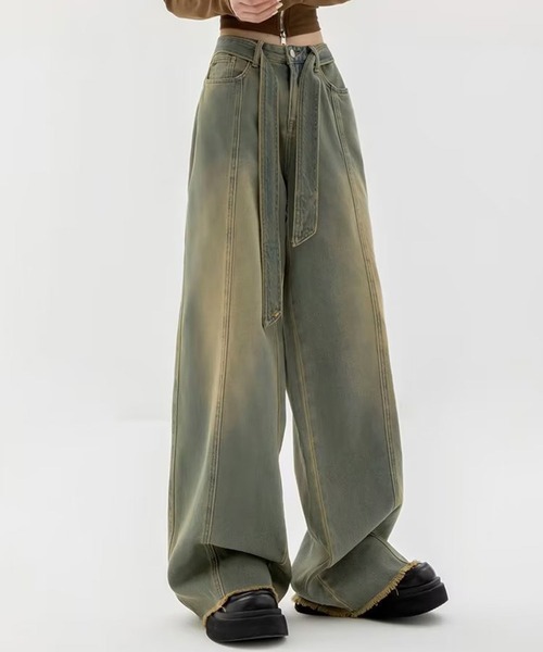 SHEPP（シープ）の「ウエストベルト ブラストワイドフリンジデニム（デニムパンツ・メンズ・ブルー/ブラウン・M/L/XL）」の6枚目の写真