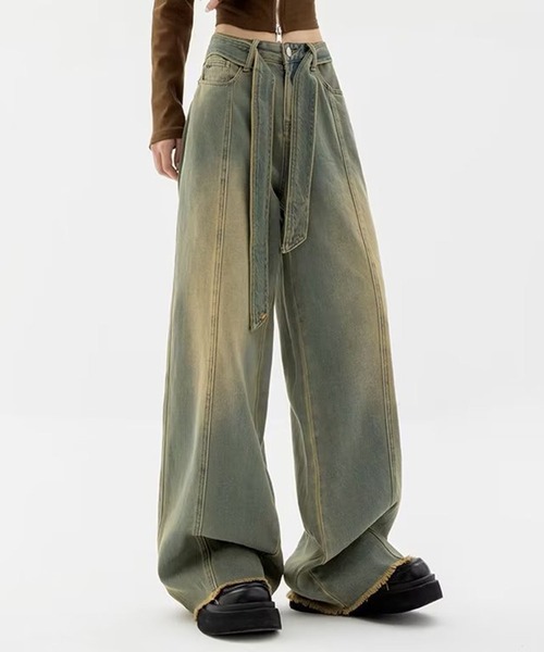 SHEPP（シープ）の「ウエストベルト ブラストワイドフリンジデニム（デニムパンツ・メンズ・ブルー/ブラウン・M/L/XL）」の7枚目の写真