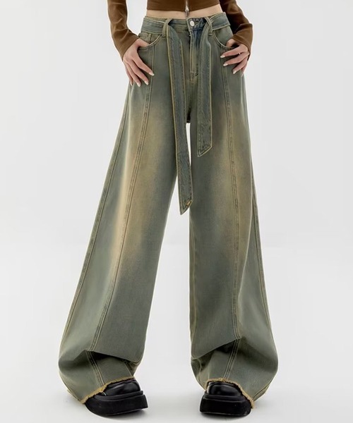 SHEPP（シープ）の「ウエストベルト ブラストワイドフリンジデニム（デニムパンツ・メンズ・ブルー/ブラウン・M/L/XL）」の8枚目の写真