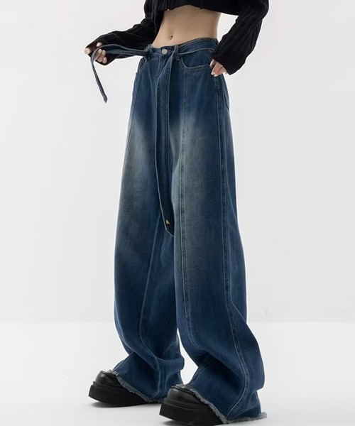 SHEPP（シープ）の「ウエストベルト ブラストワイドフリンジデニム（デニムパンツ・メンズ・ブルー/ブラウン・M/L/XL）」の13枚目の写真