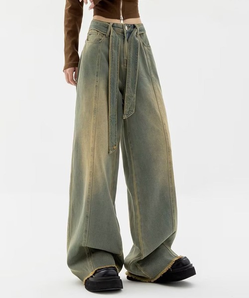 SHEPP（シープ）の「ウエストベルト ブラストワイドフリンジデニム（デニムパンツ・メンズ・ブルー/ブラウン・M/L/XL）」の9枚目の写真