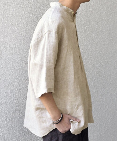 SHIPS any: ピュアリネン バンド スキッパー ハーフスリーブ プル