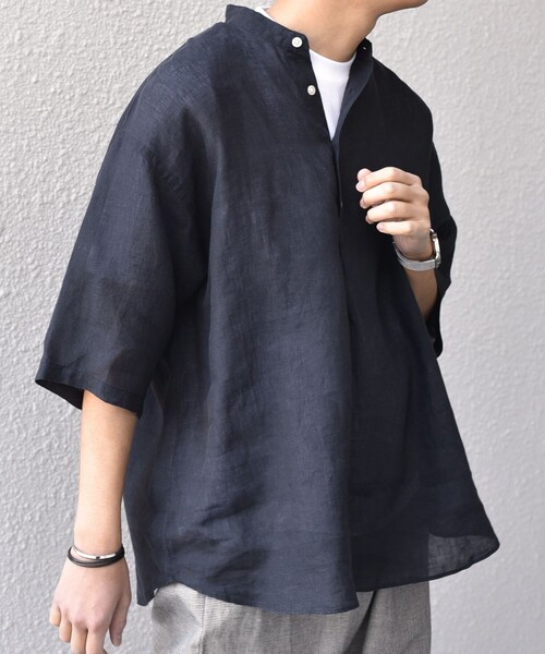 SHIPS any: ピュアリネン バンド スキッパー ハーフスリーブ プル