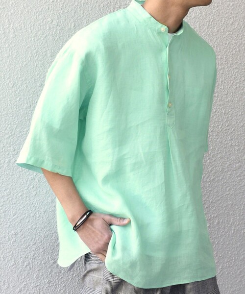 SHIPS any: ピュアリネン バンド スキッパー ハーフスリーブ プル