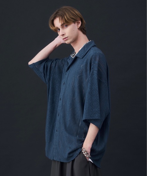 KUUUPY(クーピー)の「Cool Elegance Short Sleeve Lace Shirt - クールエレガンス半袖レースシャツ(シャツ/ブラウス・メンズ・ブルー/ブラック・LARGE/MEDIUM/SMALL)」の1枚目の写真