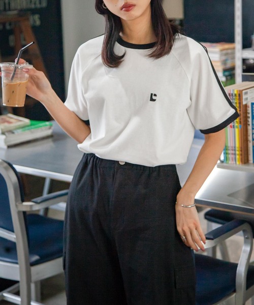 Chillfar（チルファー）の「ラグランラインスリーブリンガー刺繍Tシャツ（Tシャツ/カットソー・レディース・杢グレー/ブラック/ホワイト×ブラック/ホワイト/ブラウン/ネイビー/イエロー・FREE）」の2枚目の写真