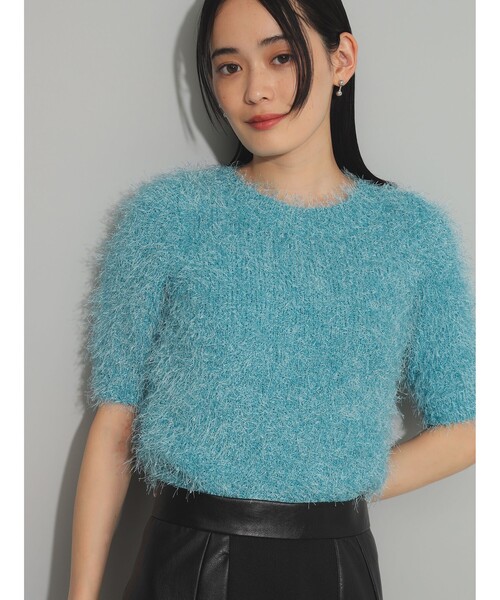 Ray BEAMS(レイビームス)の「フェザーヤーン ハーフスリーブ クルーネック ニット(ニット/セーター・レディース・オフホワイト/ライトブルー・ONE SIZE)」の1枚目の写真