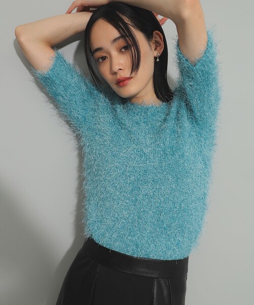 Ray BEAMS(レイビームス)の「フェザーヤーン ハーフスリーブ クルーネック ニット(ニット/セーター・レディース・オフホワイト/ライトブルー・ONE SIZE)」の14枚目の写真