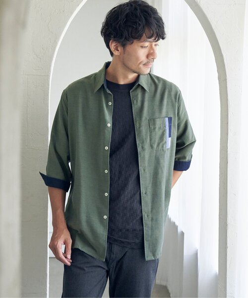ikka(イッカ)の「7分リネン混切り替えポケットシャツ(シャツ/ブラウス・メンズ・ホワイト/チャコールグレー/ネイビー/オリーブ・M/L/XL/S)」の8枚目の写真