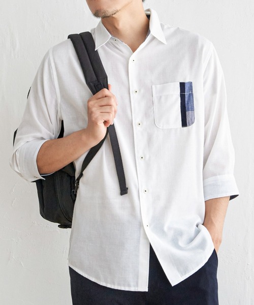 ikka(イッカ)の「7分リネン混切り替えポケットシャツ(シャツ/ブラウス・メンズ・ホワイト/チャコールグレー/ネイビー/オリーブ・M/L/XL/S)」の2枚目の写真